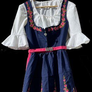 Pink And Navy Blue dirndl dress. Three Piece W/very Full Skirt and Apron